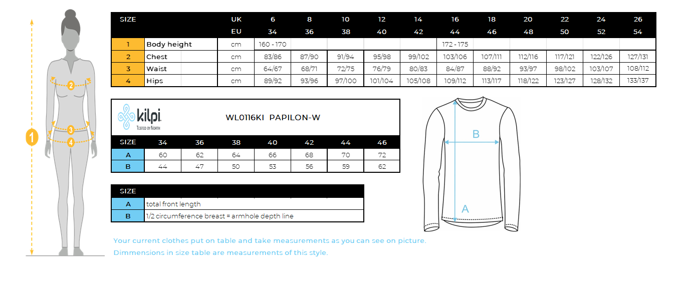 Damen Daunenjacke Kilpi PAPILON-W – Größentabelle