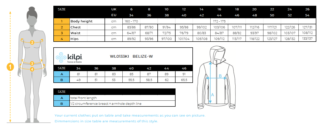 Women´s winter coat Kilpi BELIZE-W – Size chart