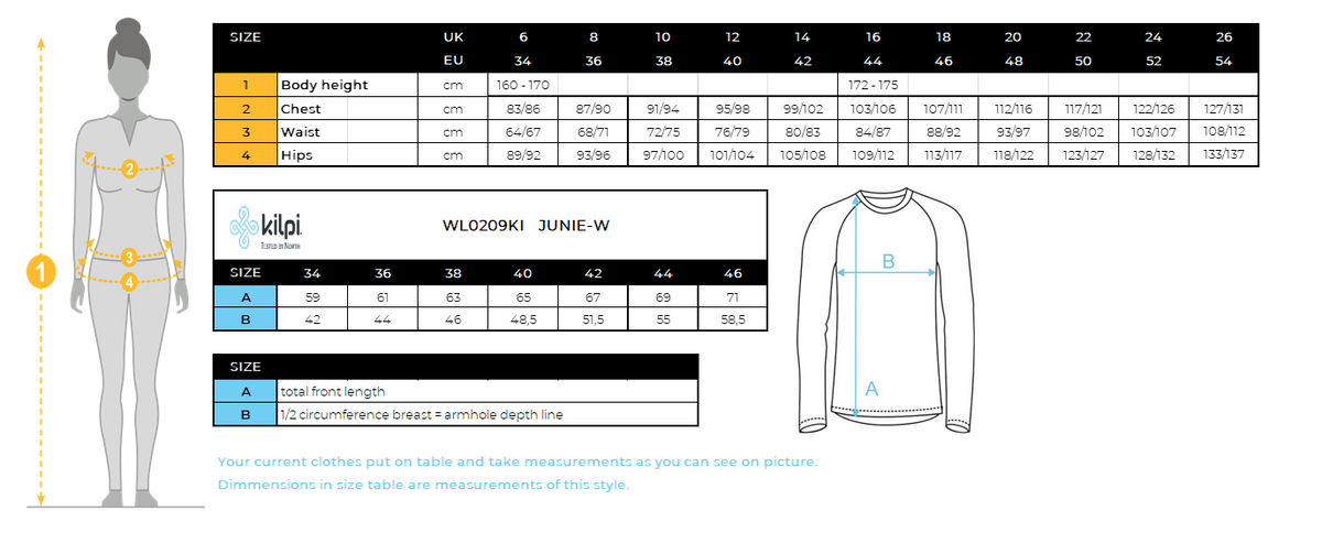 Women's stretch middle layer Kilpi JUNIE-W – Size chart