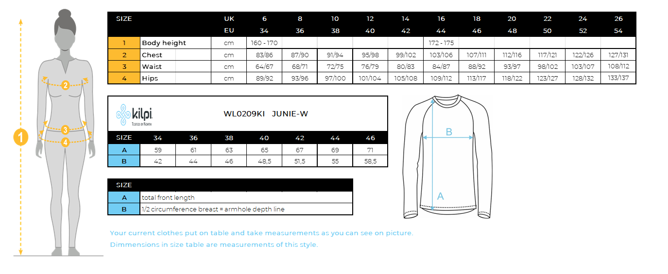 Women's stretch middle layer Kilpi JUNIE-W – Size chart