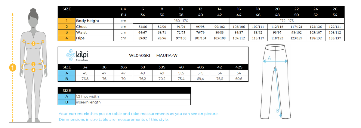 Women's softshell pants Kilpi MAURA-W – Size chart