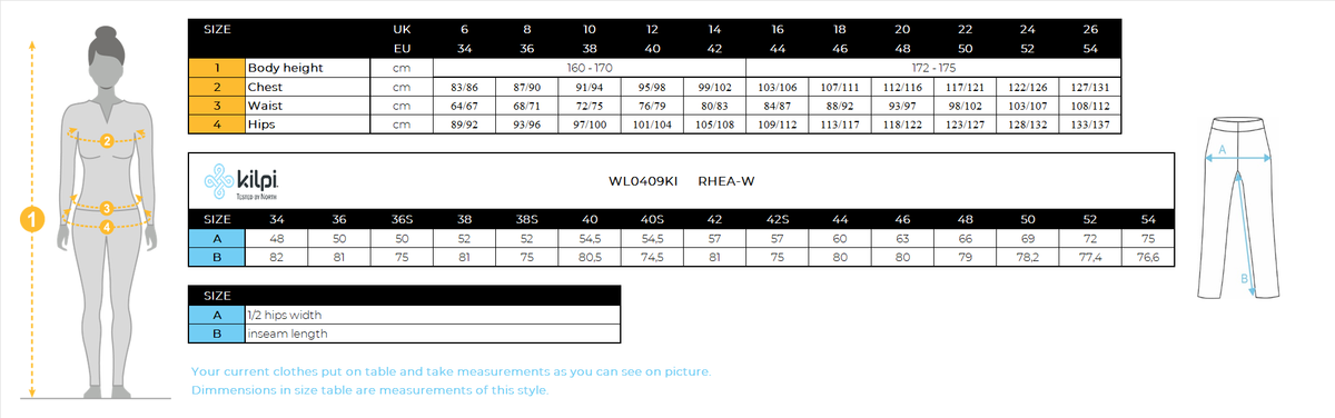 Women´s softshell ski pants Kilpi RHEA-W – Size chart