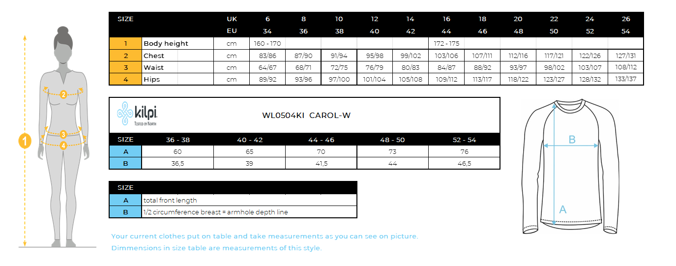 Damen-Baselayer Kilpi CAROL-W – Größentabelle