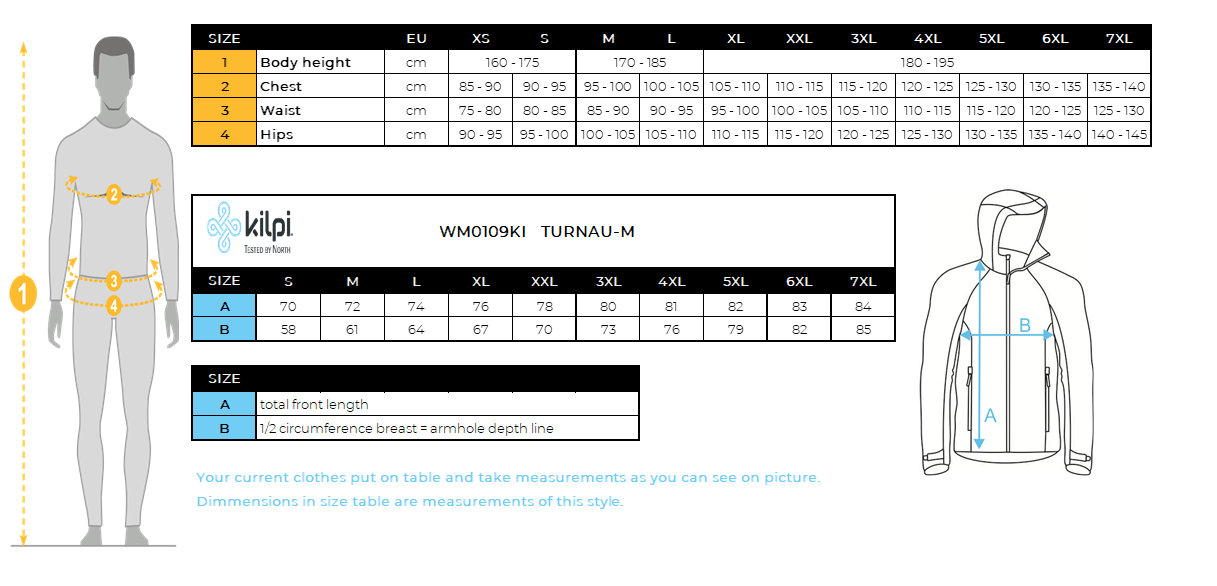 Men´s ski jacket Kilpi TURNAU-M – Size chart