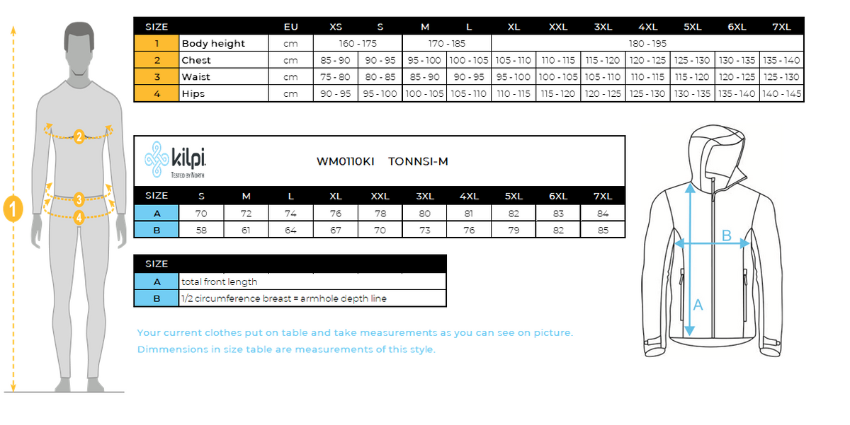 Herren-Skijacke Kilpi TONNSI-M – Größentabelle