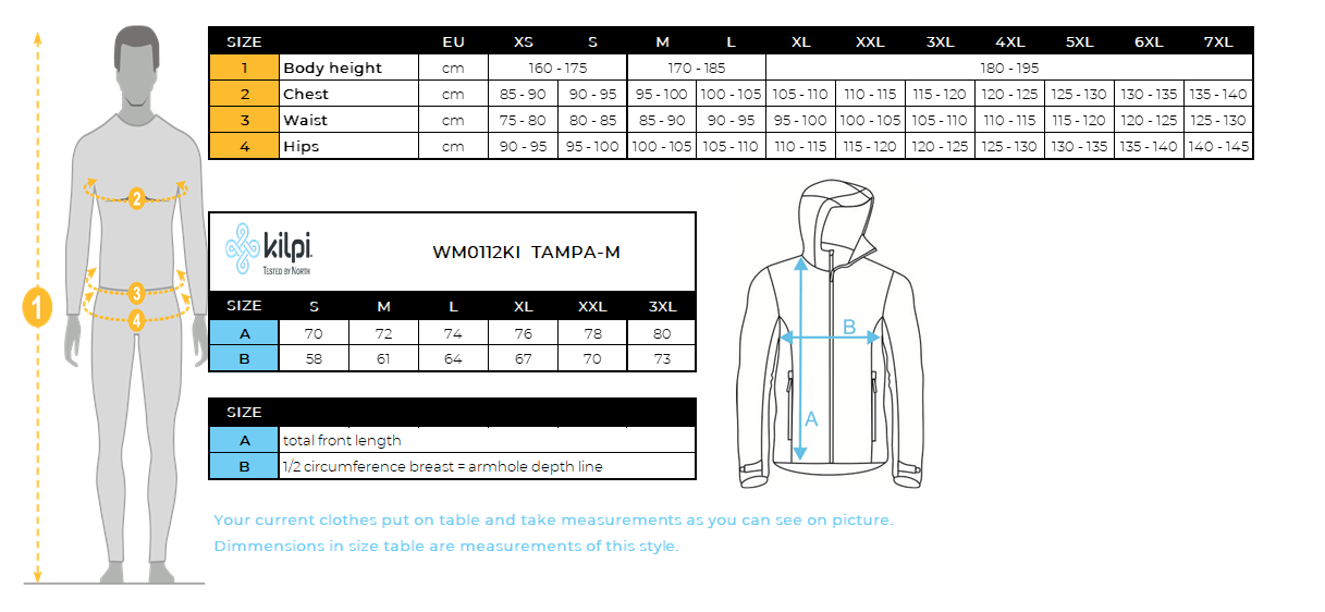 Men´s ski jacket Kilpi TAMPA-M – Size chart