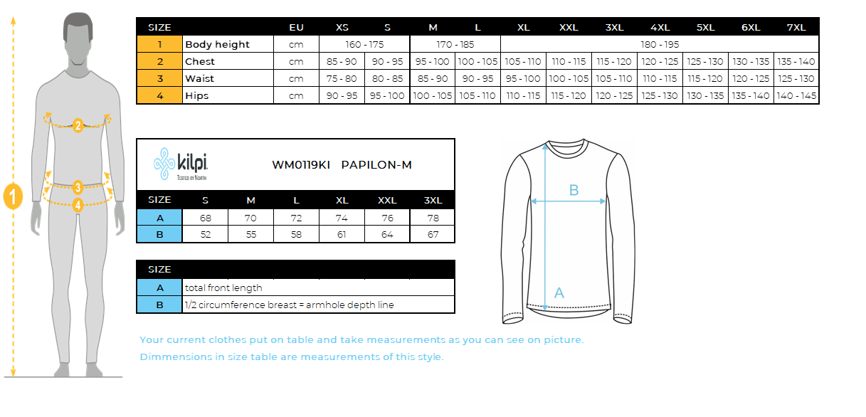 Herren Daunenjacke Kilpi PAPILON-M – Größentabelle