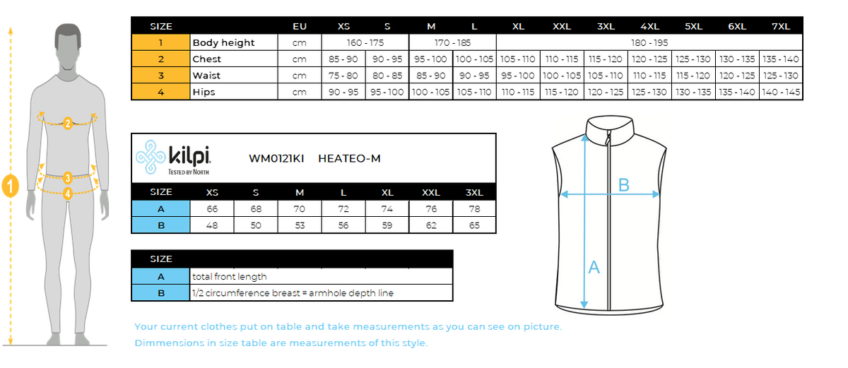Isolierte Herrenweste Kilpi HEATEO-M – Größentabelle