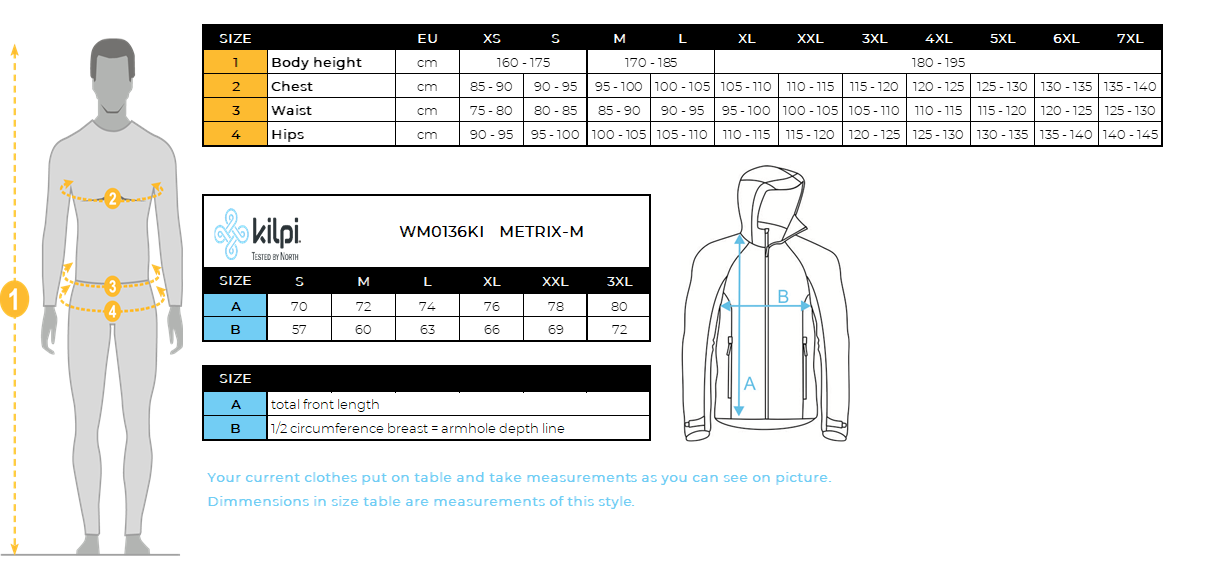 Wasserdichte Herrenjacke Kilpi METRIX-M – Größentabelle
