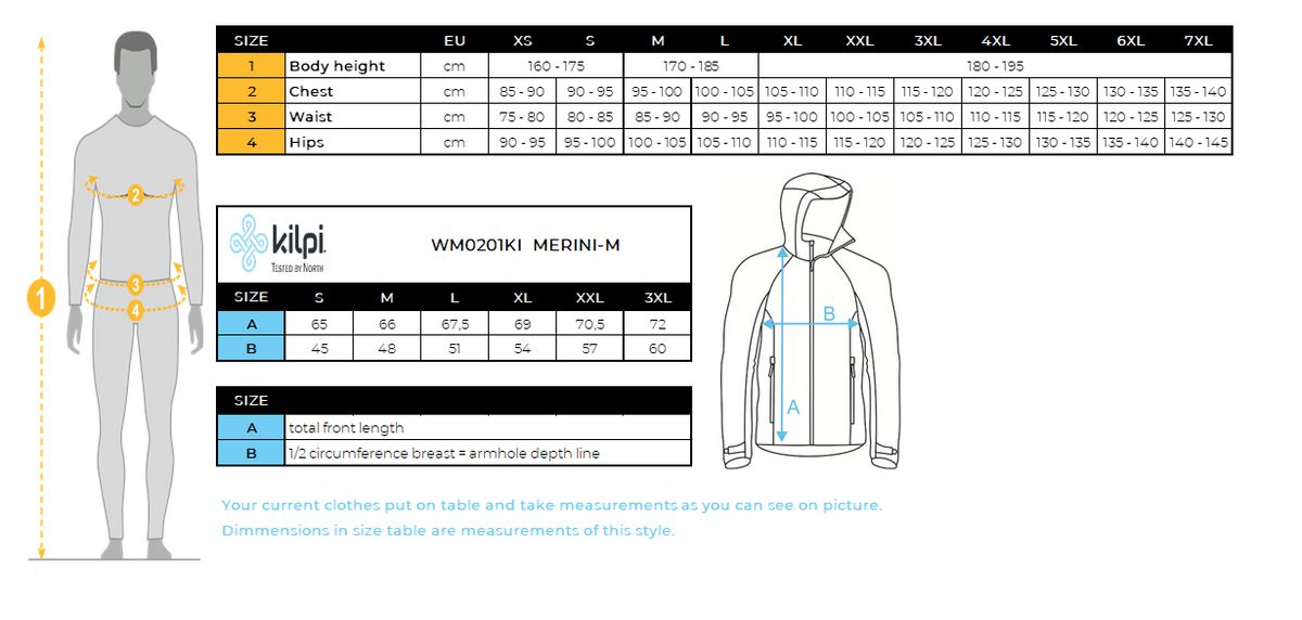 Kilpi MERINI-M Herren-Kapuzenpullover – Größentabelle