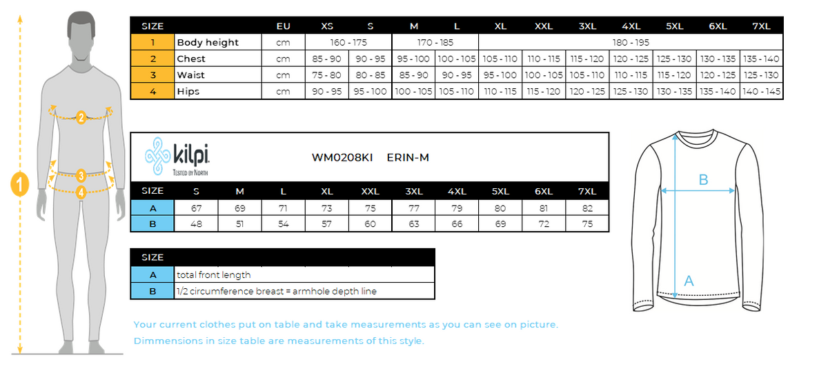 Stretch-Mittelschicht Kilpi ERIN-M für Herren – Größentabelle
