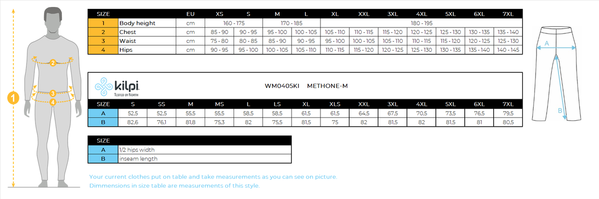 Men´s ski pants Kilpi METHONE-M – Size chart