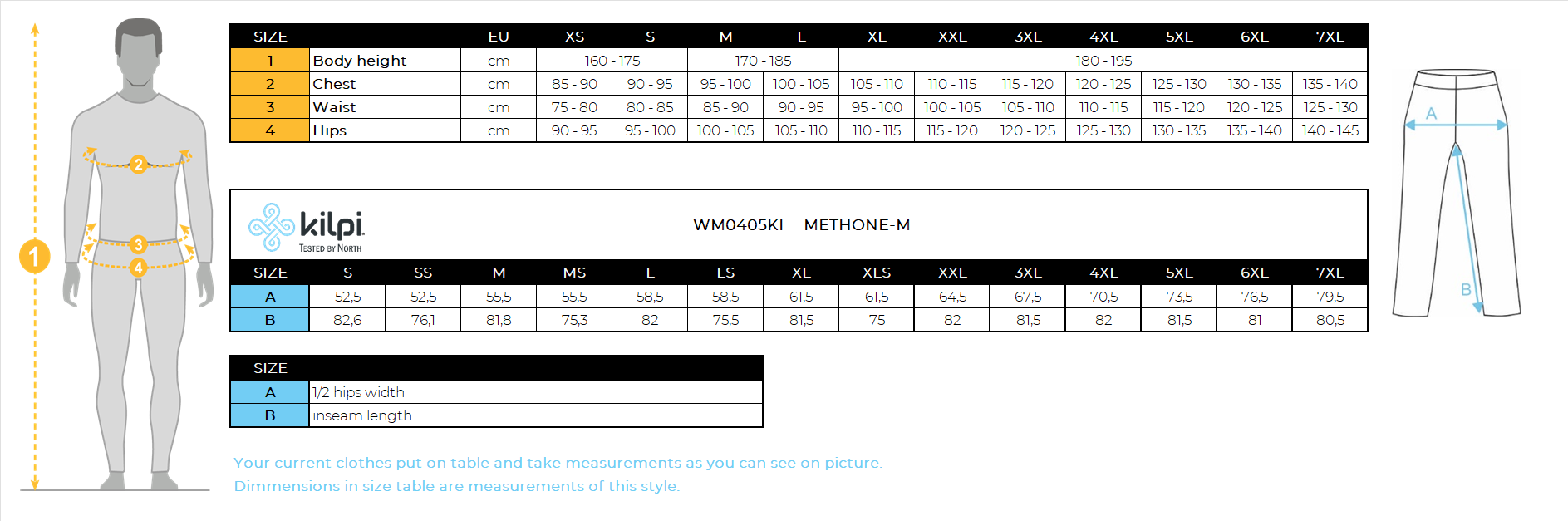 Men´s ski pants Kilpi METHONE-M – Size chart