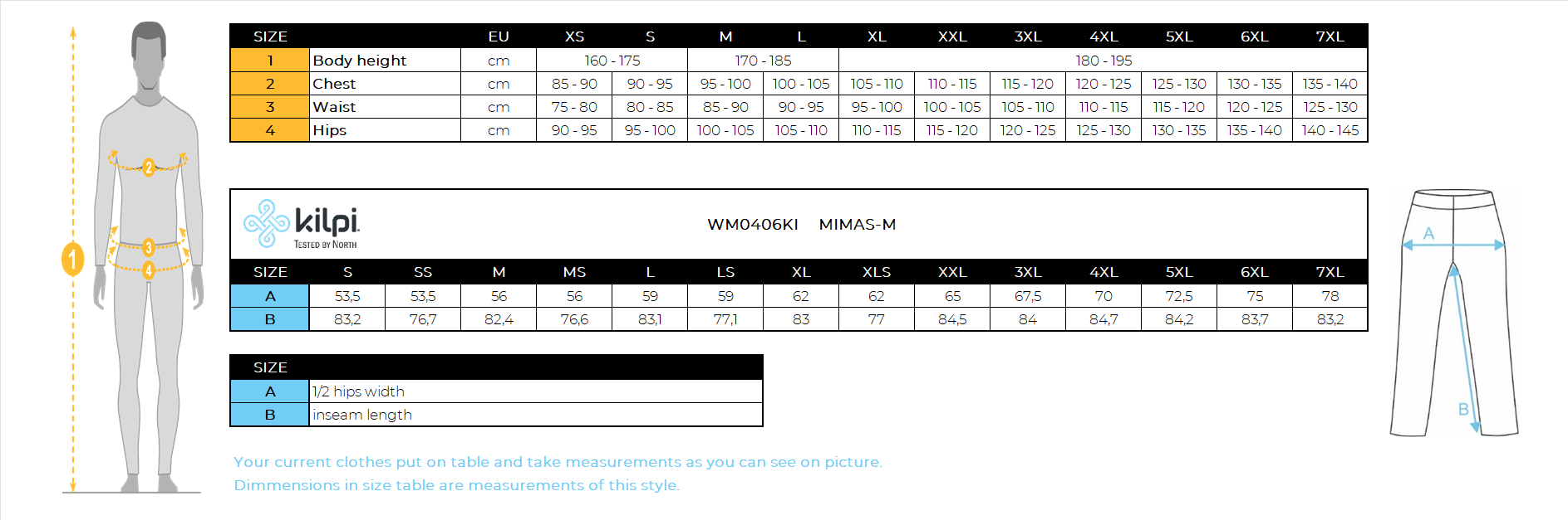Herren-Skihose Kilpi MIMAS-M – Größentabelle