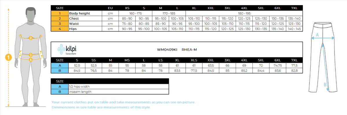 Herren-Softshell-Skihose Kilpi RHEA-M – Größentabelle