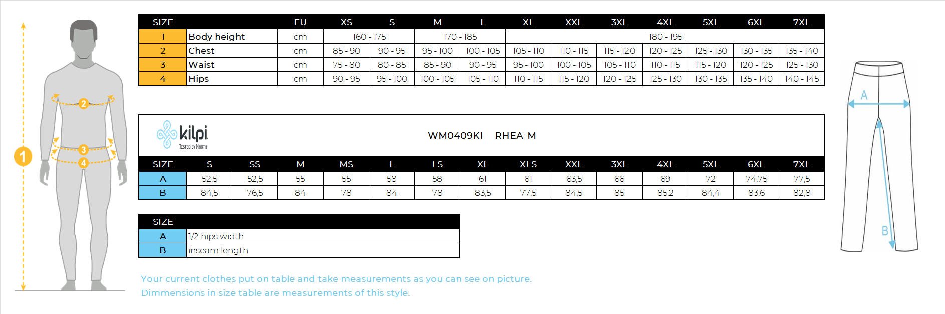 Herren-Softshell-Skihose Kilpi RHEA-M – Größentabelle