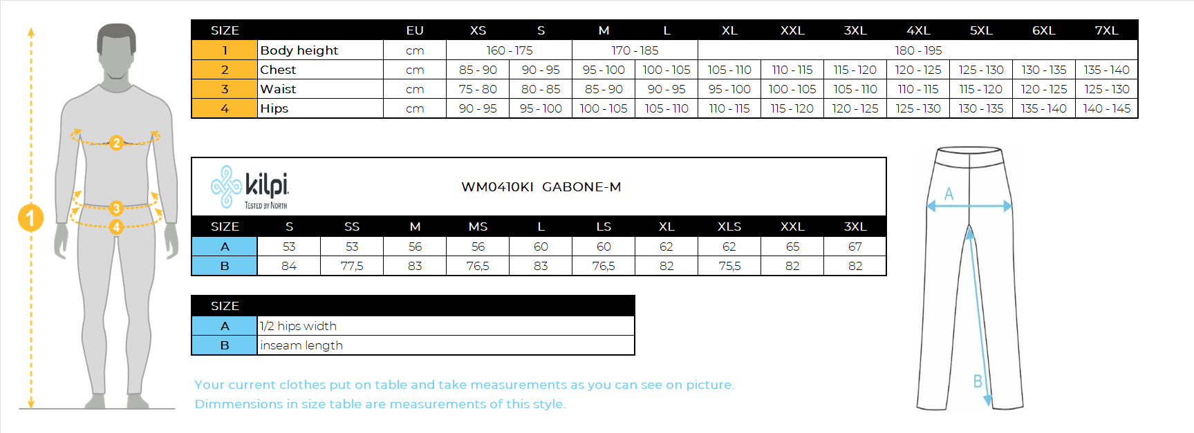 Herren-Skihose Kilpi GABONE-M – Größentabelle