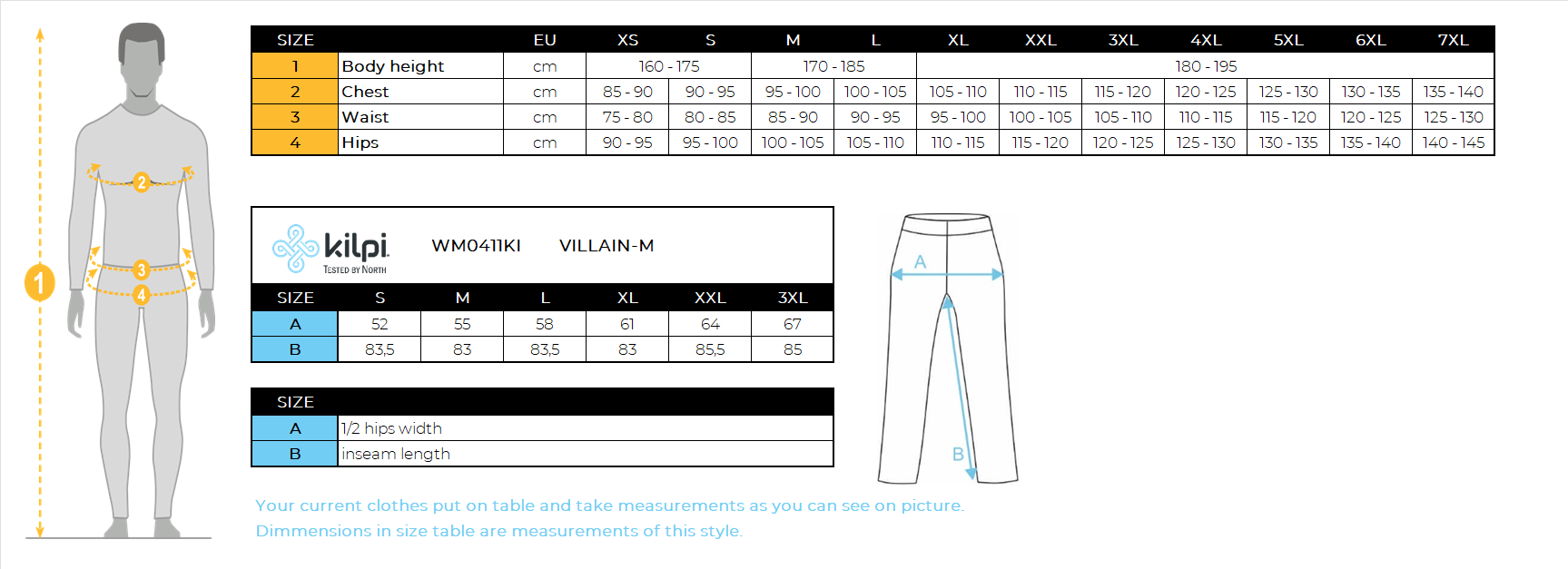 Men´s outdoor pants Kilpi VILLAIN-M – Size chart