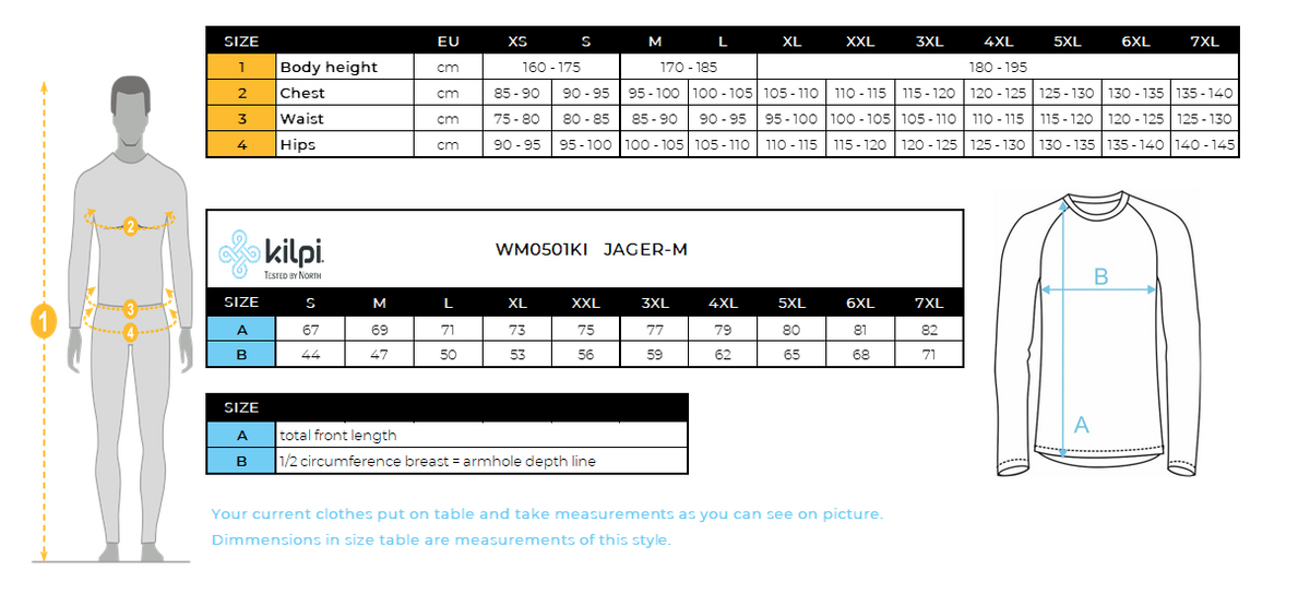 Men´s base layer Kilpi JAGER-M – Size chart