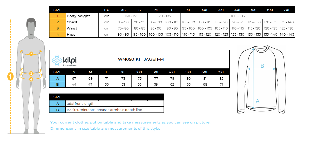 Men´s base layer Kilpi JAGER-M – Size chart