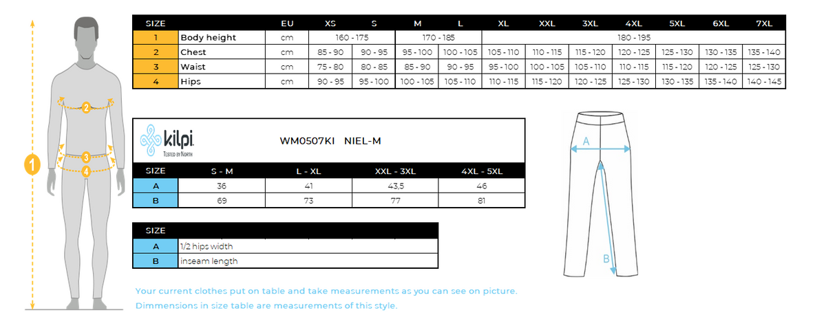 Herren-Baselayer Kilpi NIEL-M – Größentabelle