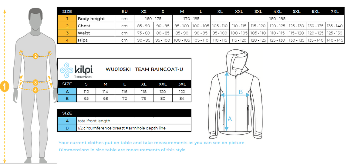 Ski raincoat Kilpi TEAM RAINCOAT-U – Size chart