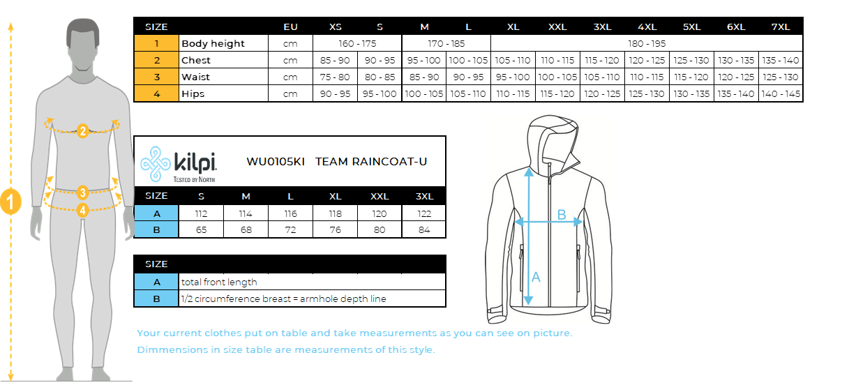 Ski raincoat Kilpi TEAM RAINCOAT-U – Size chart