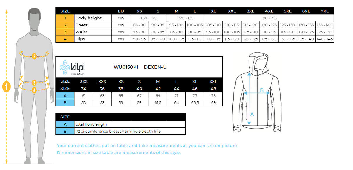 Kilpi DEXEN-U Premium Unisex-Skijacke – Größentabelle