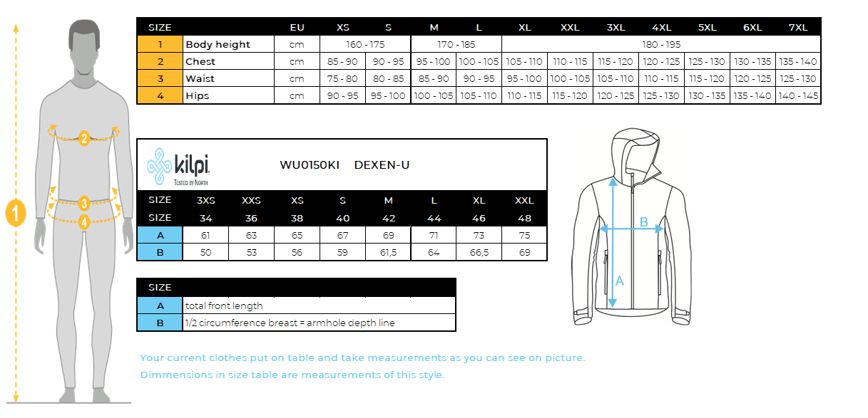 Kilpi DEXEN-U Premium Unisex-Skijacke – Größentabelle