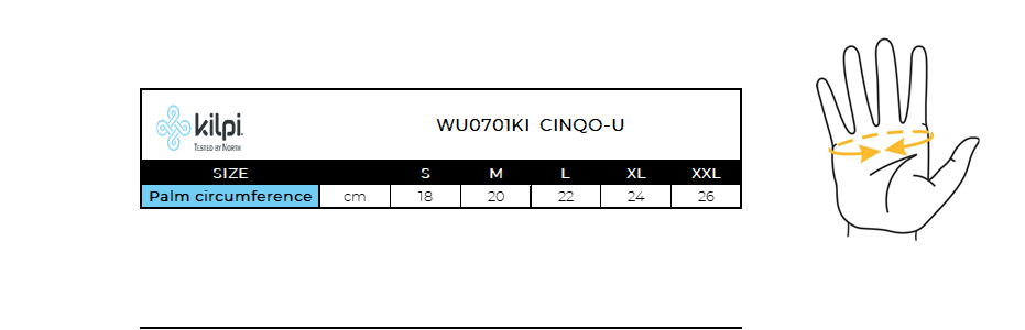Softshell insulated gloves Kilpi CINQO-U – Size chart