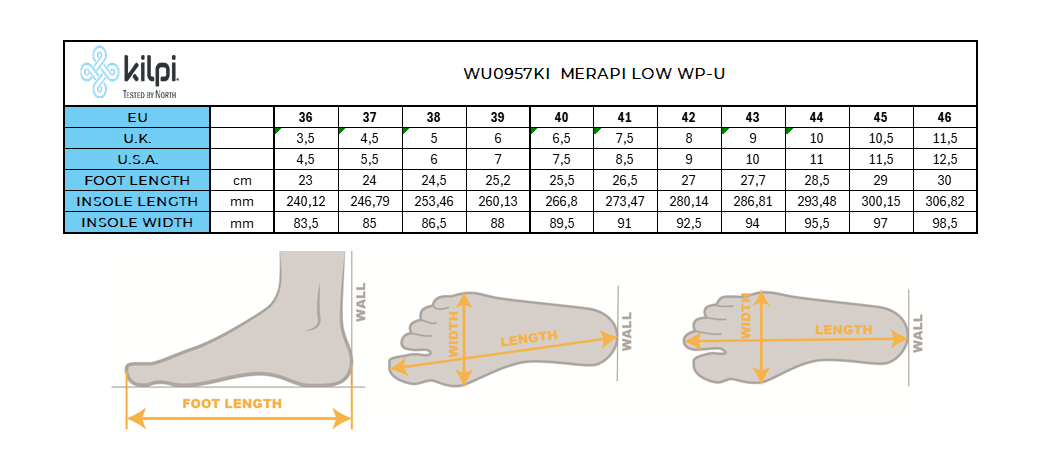 Kilpi MERAPI LOW WP-U leisure sports shoes – Size chart