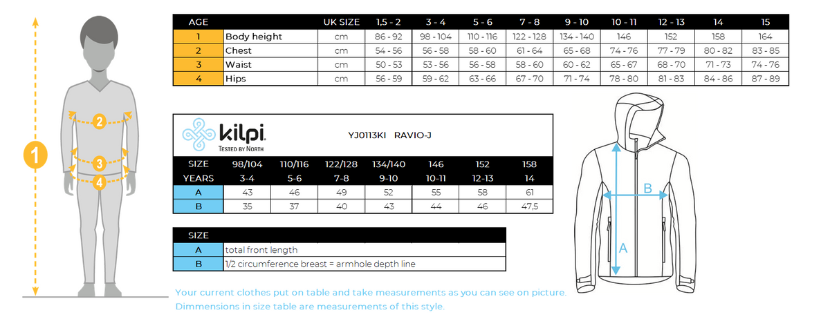 Kilpi RAVIO-J Softshell-Jacke für Jungen – Größentabelle