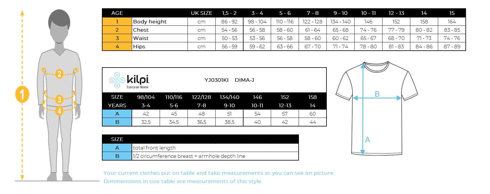 Funktions-T-Shirt für Kinder Kilpi DIMA-J – Größentabelle