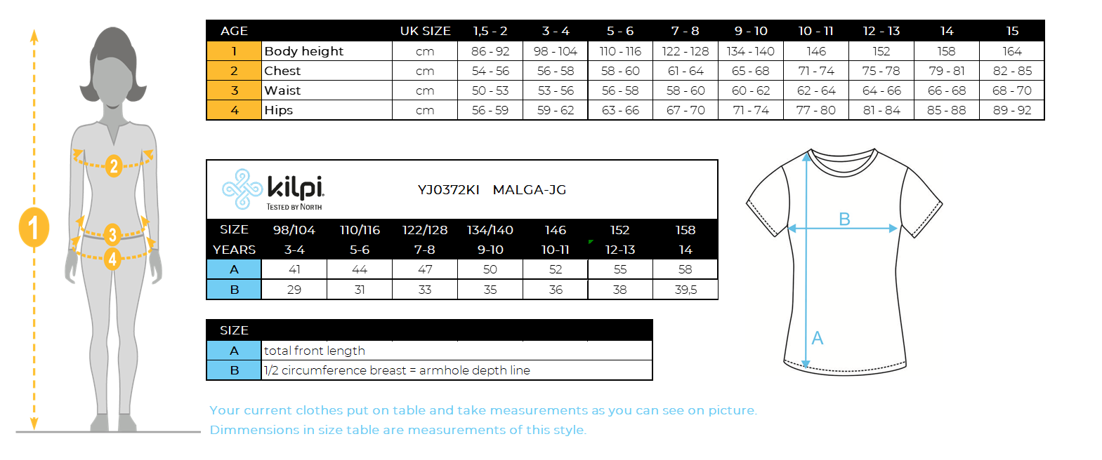 Baumwoll-T-Shirt für Mädchen Kilpi MALGA-JG – Größentabelle