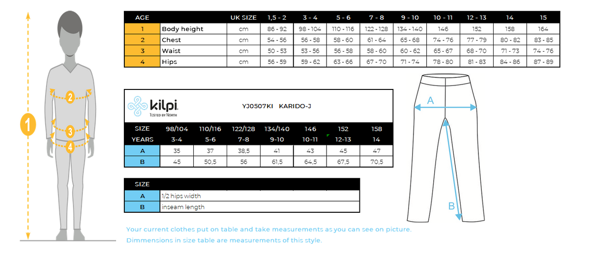 Kinder-Outdoor-Hose Kilpi KARIDO-J – Größentabelle