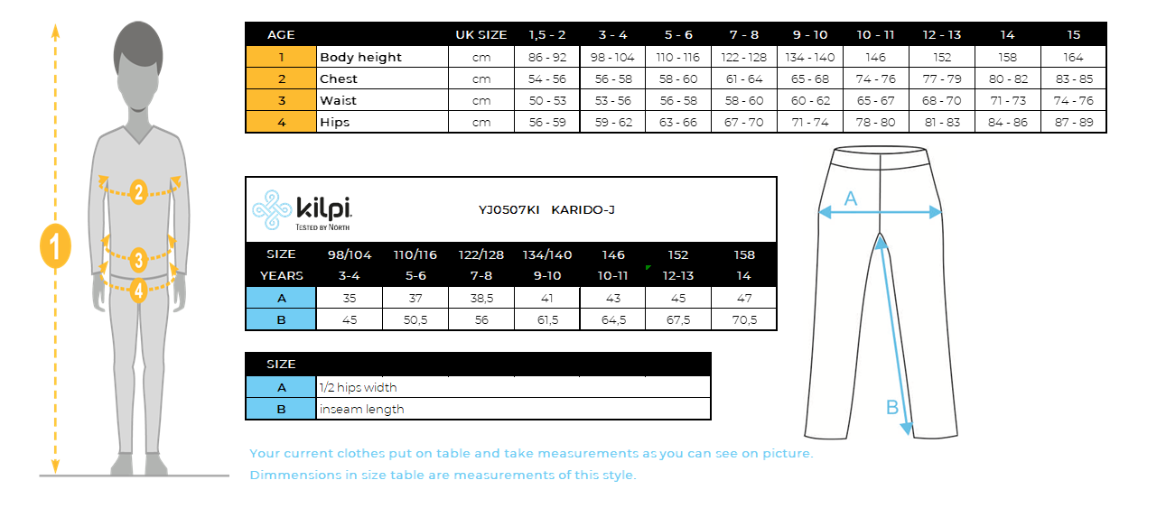 Kinder-Outdoor-Hose Kilpi KARIDO-J – Größentabelle