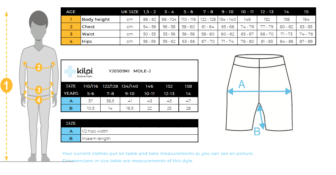 SHORTS - OUTDOOR für Kinder Kilpi MOLE-J – Größentabelle