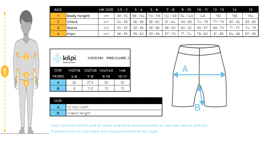 Kid's cycling shorts Kilpi PRESSURE-J – Size chart