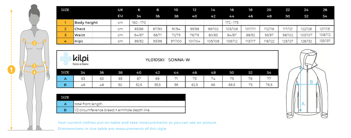 Damen Outdoor-Jacke Kilpi SONNA-W – Größentabelle