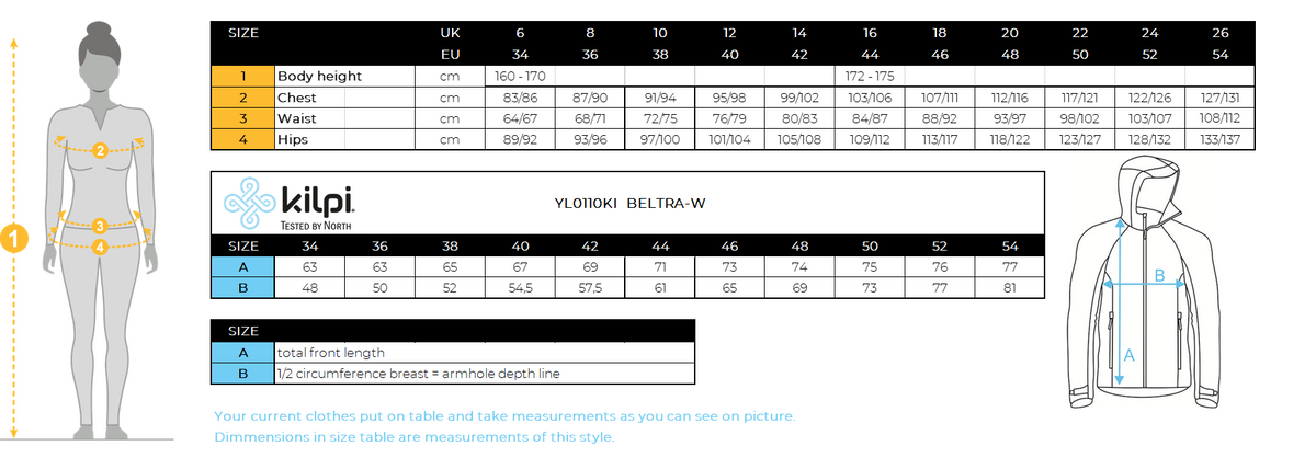 Damen-Softshelljacke Kilpi BELTRA-W – Größentabelle