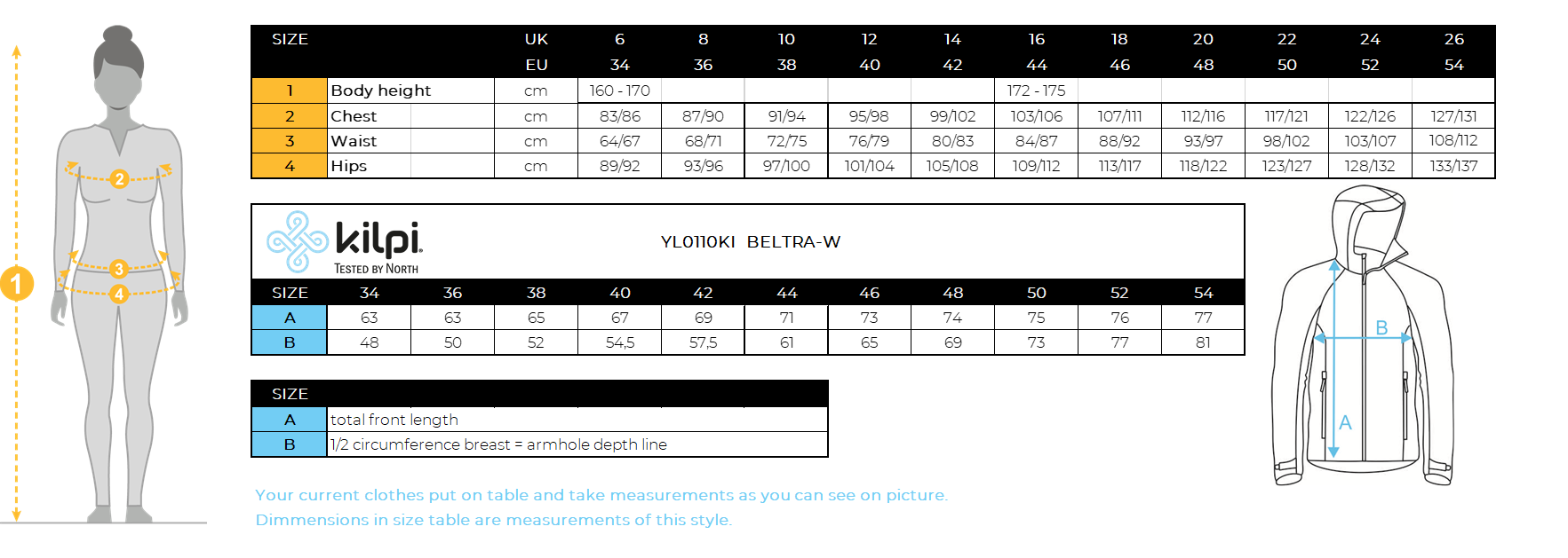 Damen-Softshelljacke Kilpi BELTRA-W – Größentabelle