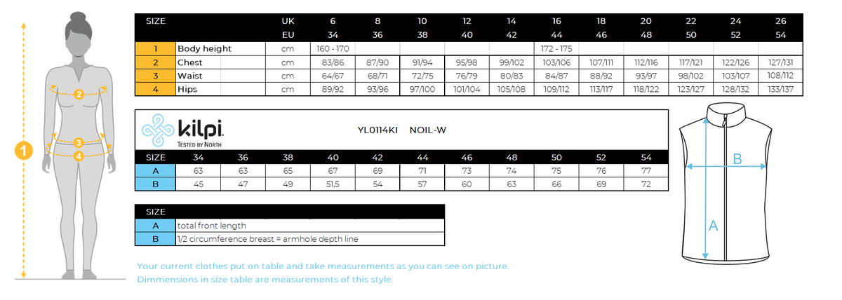 Women's softshell Vest Kilpi NOIL-W – Size chart