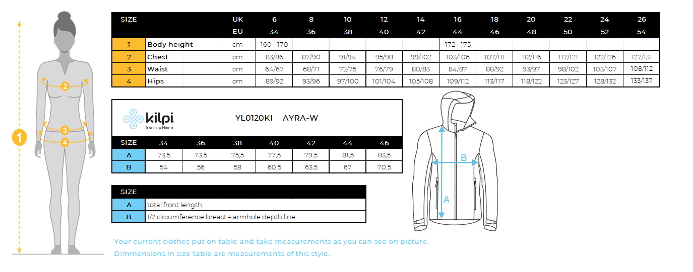 Damen Outdoor Mantel Kilpi AYRA-W – Größentabelle