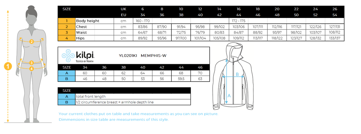 Damen Funktions-Sweatshirt Kilpi MEMPHIS-W – Größentabelle