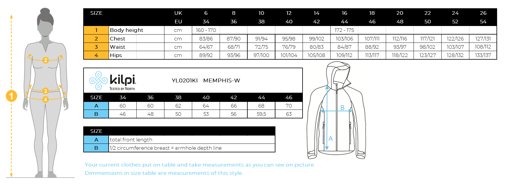 Damen Funktions-Sweatshirt Kilpi MEMPHIS-W – Größentabelle