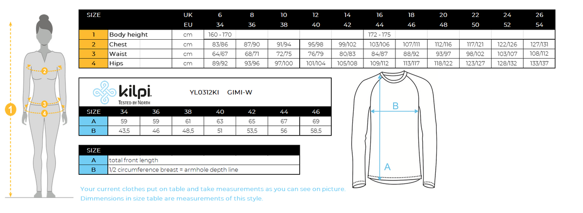 LANGÄRMELIGE TECHNISCHE T-SHIRTS für Frauen Kilpi GIMI-W – Größentabelle