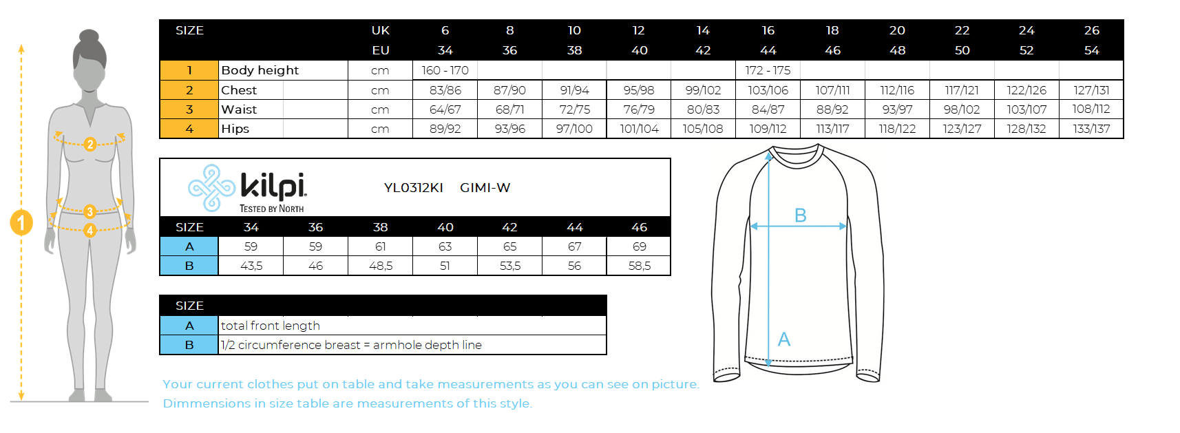 LANGÄRMELIGE TECHNISCHE T-SHIRTS für Frauen Kilpi GIMI-W – Größentabelle