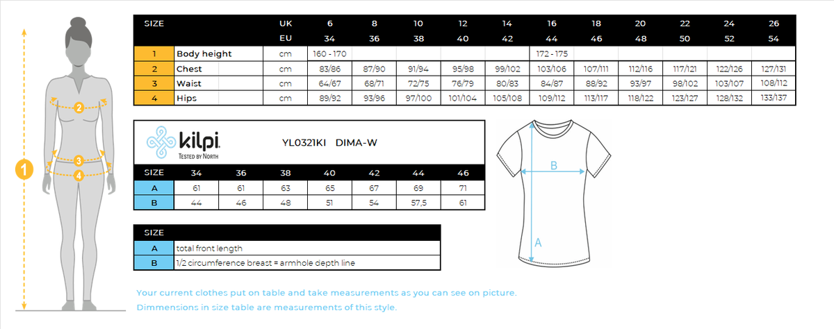 Women's functional T-shirt Kilpi DIMA-W – Size chart