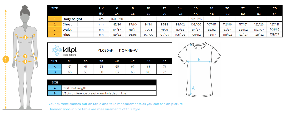 Damen T-Shirt aus Baumwolle Kilpi ROANE-W – Größentabelle