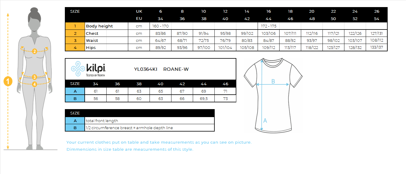 Damen T-Shirt aus Baumwolle Kilpi ROANE-W – Größentabelle